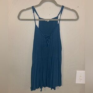 Blue teal lace up front tank top with adjustable straps